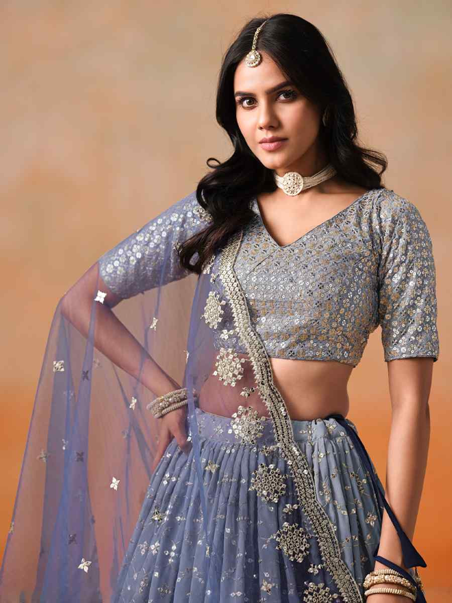 Nevy Blue Georgette Embroidered Festival Party Wear Circular Lehenga Choli