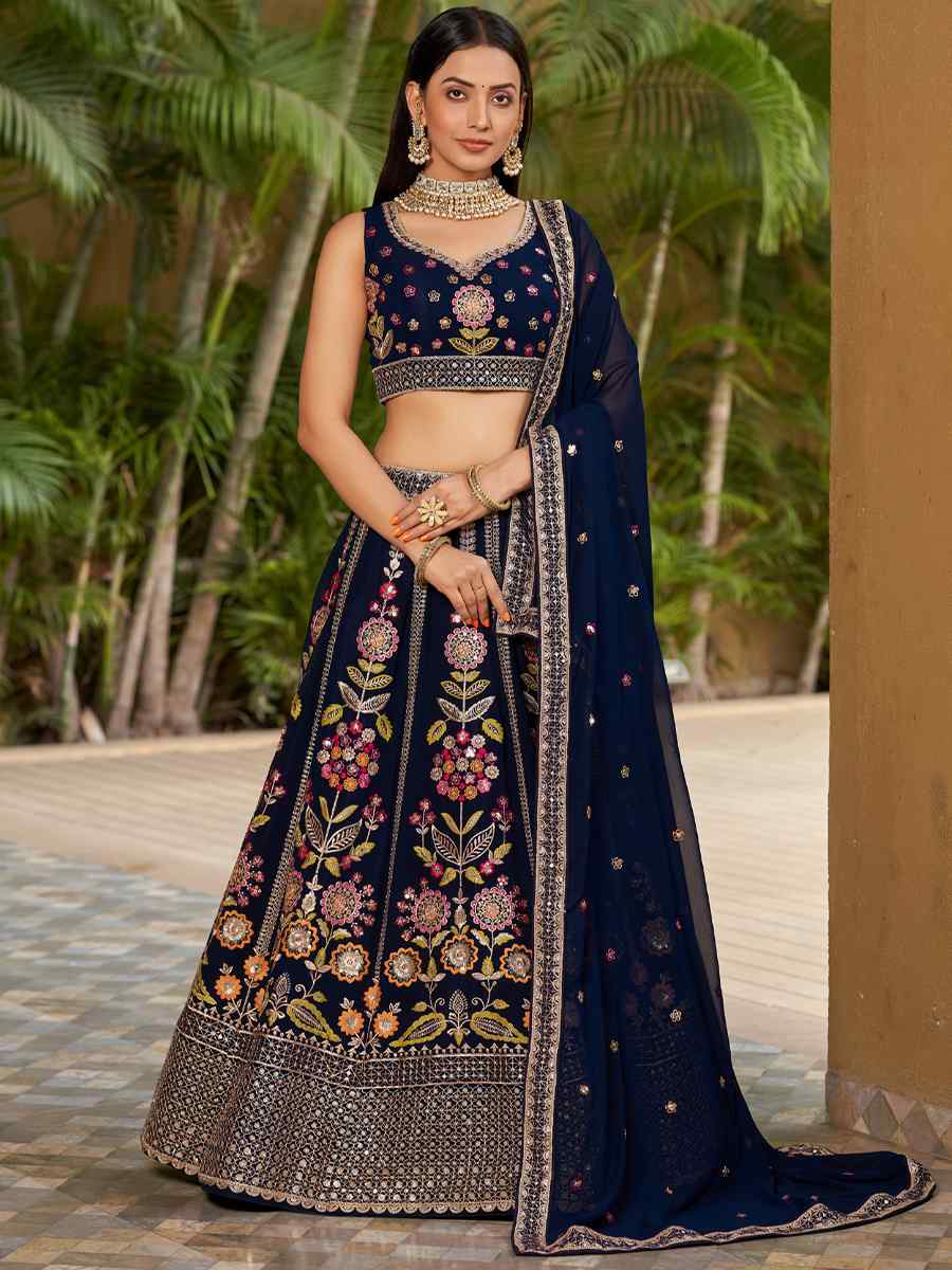 Nevy Blue Georgette Embroidered Festival Wedding Circular Lehenga Choli