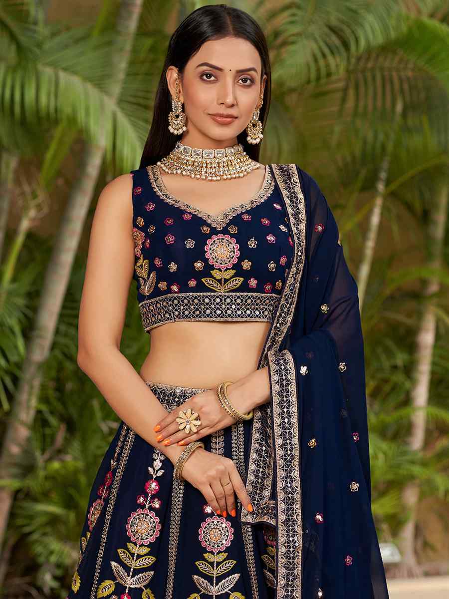 Nevy Blue Georgette Embroidered Festival Wedding Circular Lehenga Choli
