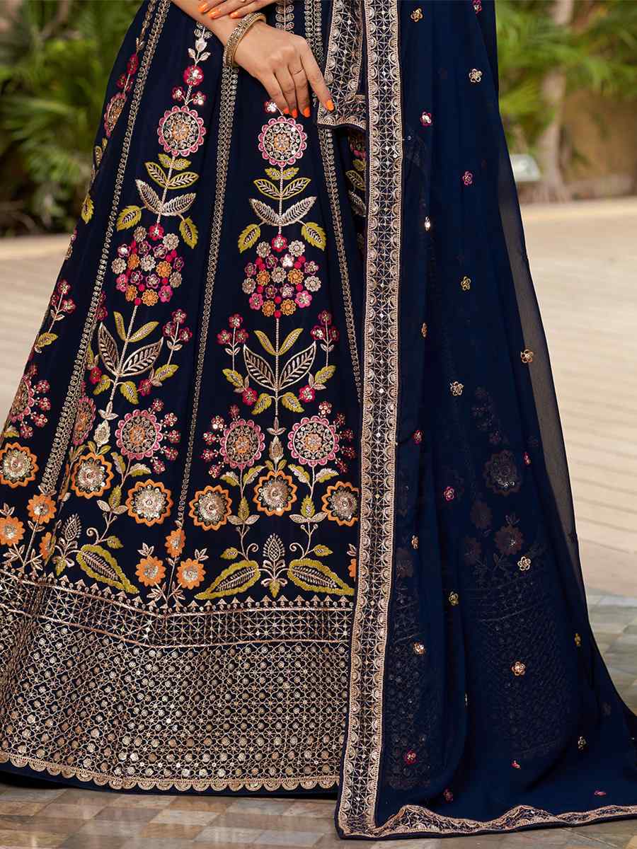 Nevy Blue Georgette Embroidered Festival Wedding Circular Lehenga Choli