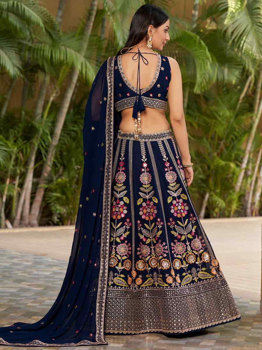 Nevy Blue Georgette Embroidered Festival Wedding Circular Lehenga Choli