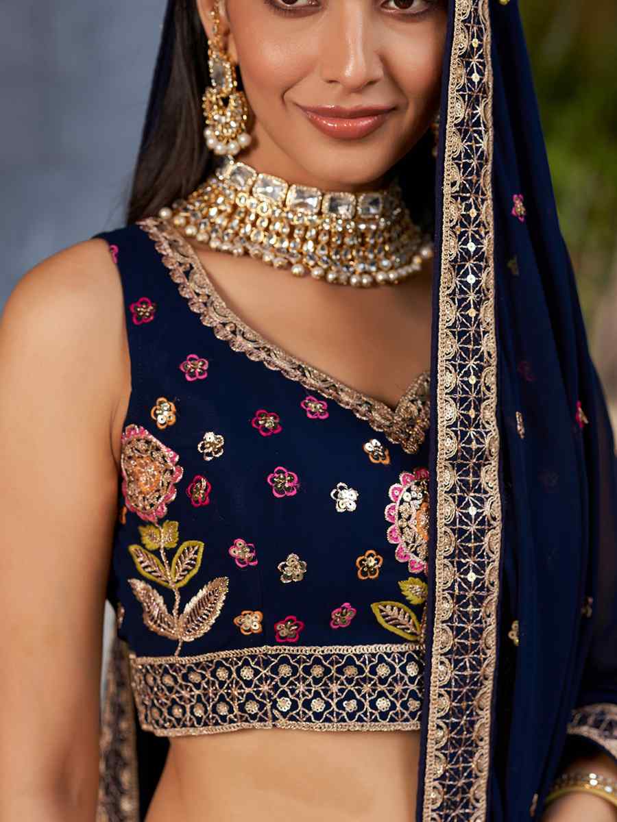 Nevy Blue Georgette Embroidered Festival Wedding Circular Lehenga Choli