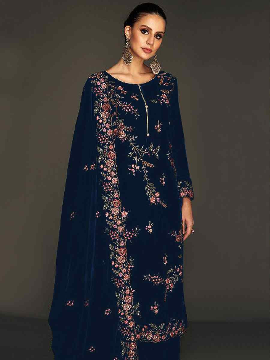 Nevy Blue Heavy Velvet Embroidered Festival Wedding Pant Salwar Kameez