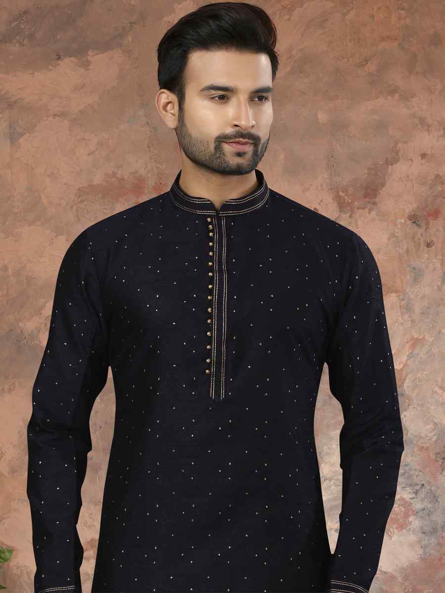 Nevy Blue Jacquard Woven Festival Party Kurta