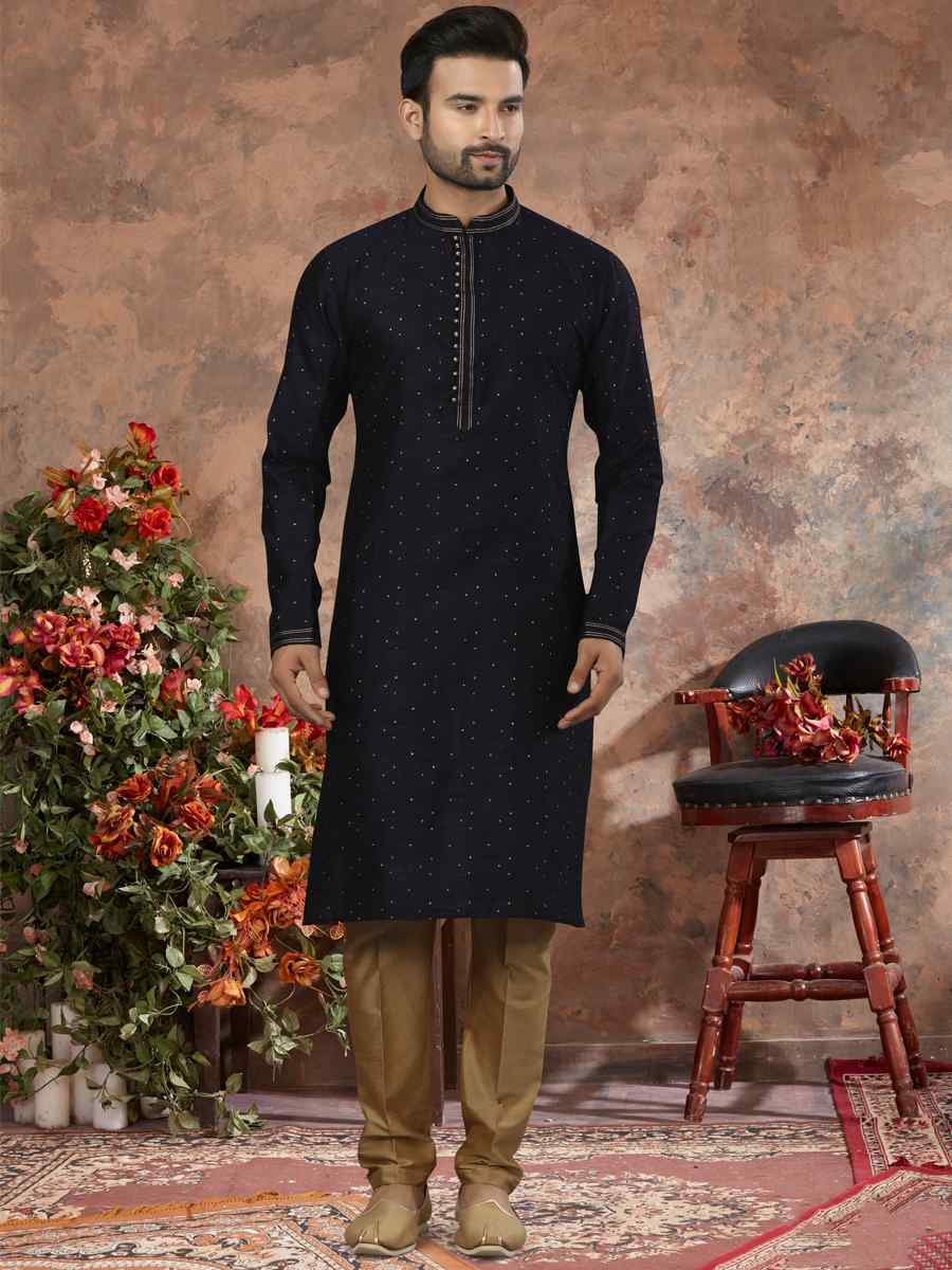 Nevy Blue Jacquard Woven Festival Party Kurta