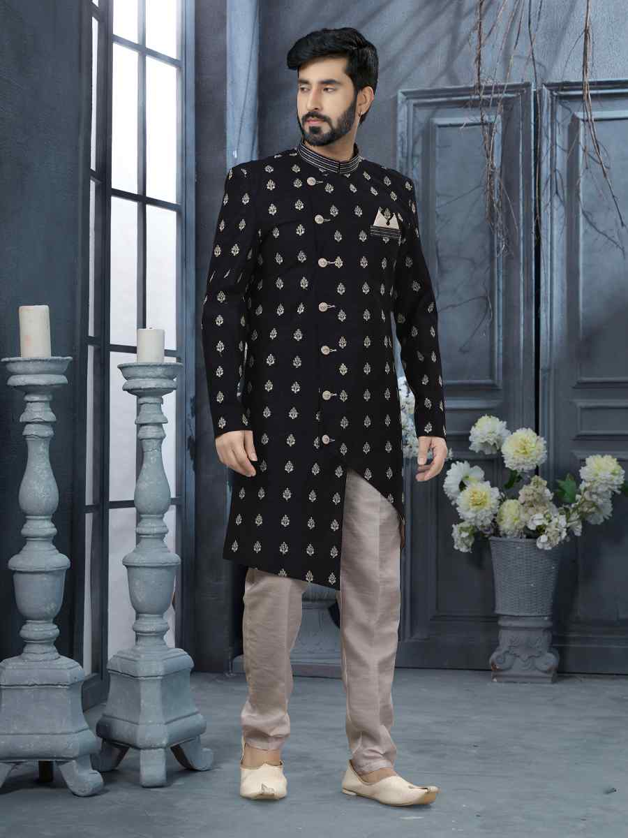 Nevy Blue Jacquard Woven Festival Wedding Sherwani