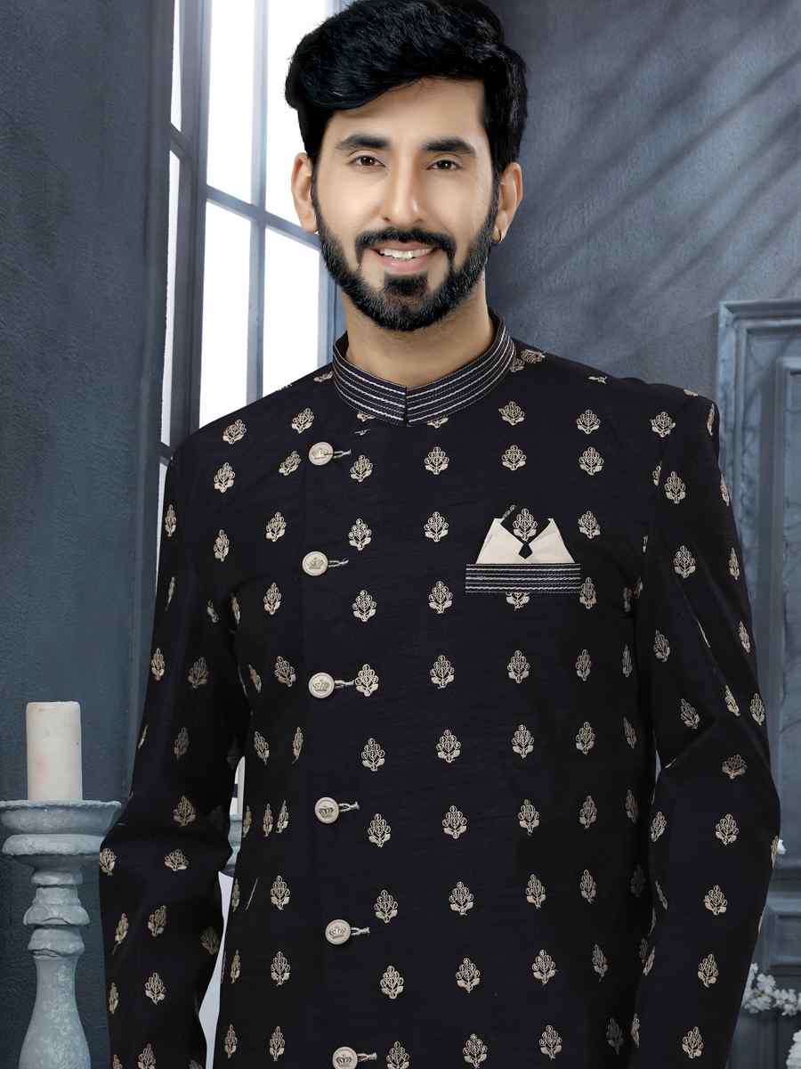 Nevy Blue Jacquard Woven Festival Wedding Sherwani