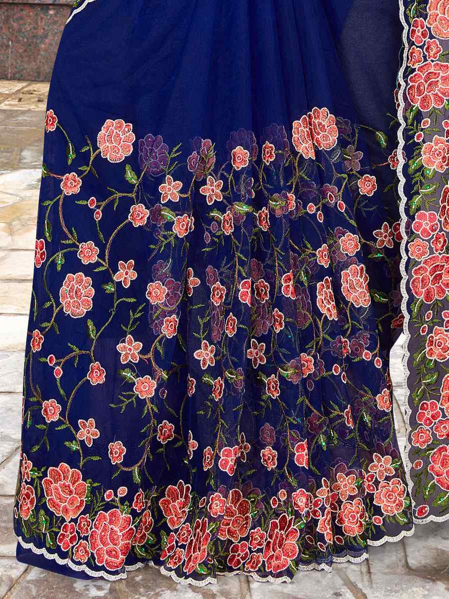 Nevy Blue Net Embroidered Party Festival Heavy Border Saree