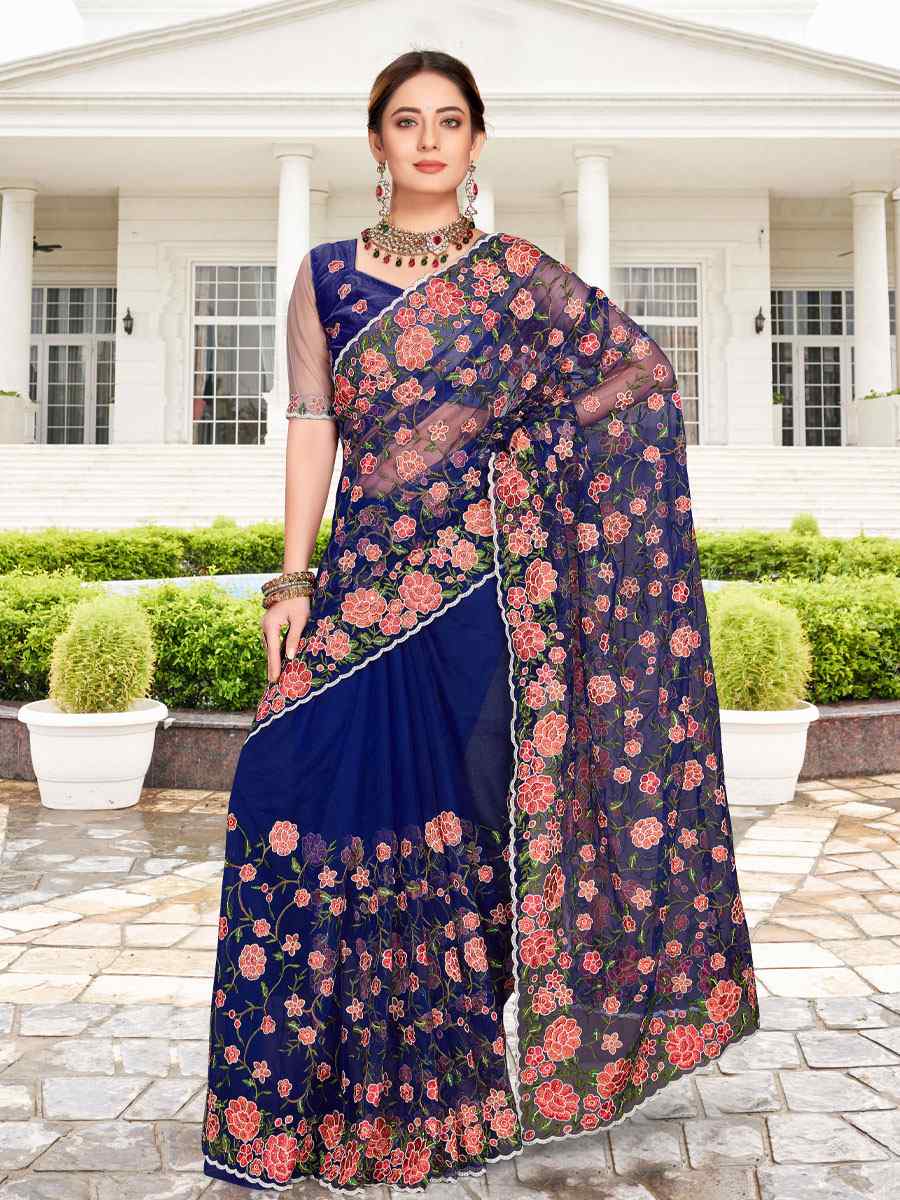 Nevy Blue Net Embroidered Party Festival Heavy Border Saree