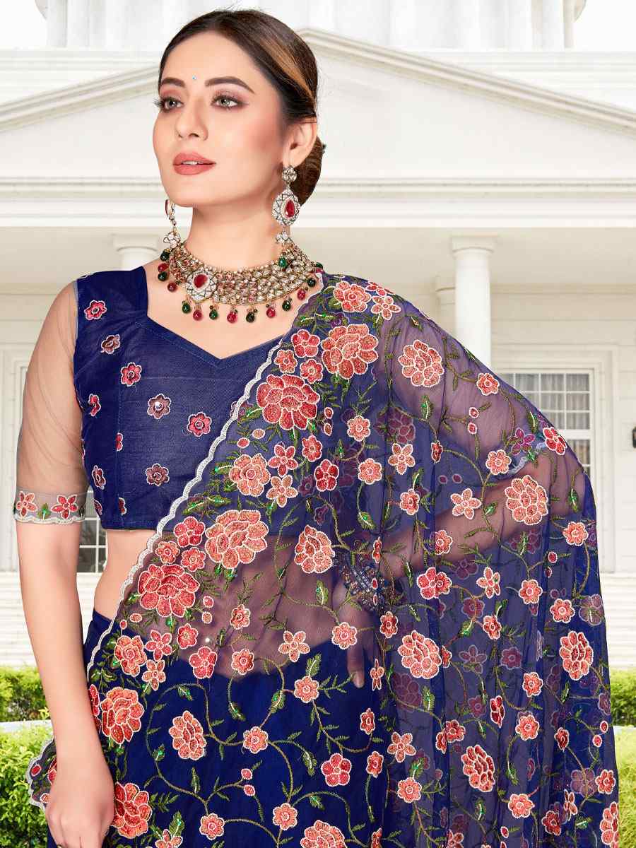 Nevy Blue Net Embroidered Party Festival Heavy Border Saree
