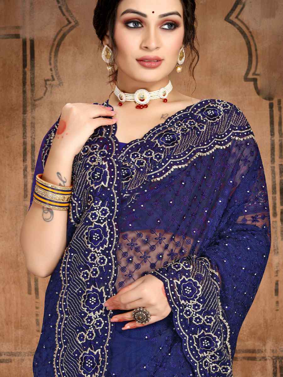 Nevy Blue Net Embroidered Wedding Festival Heavy Border Saree
