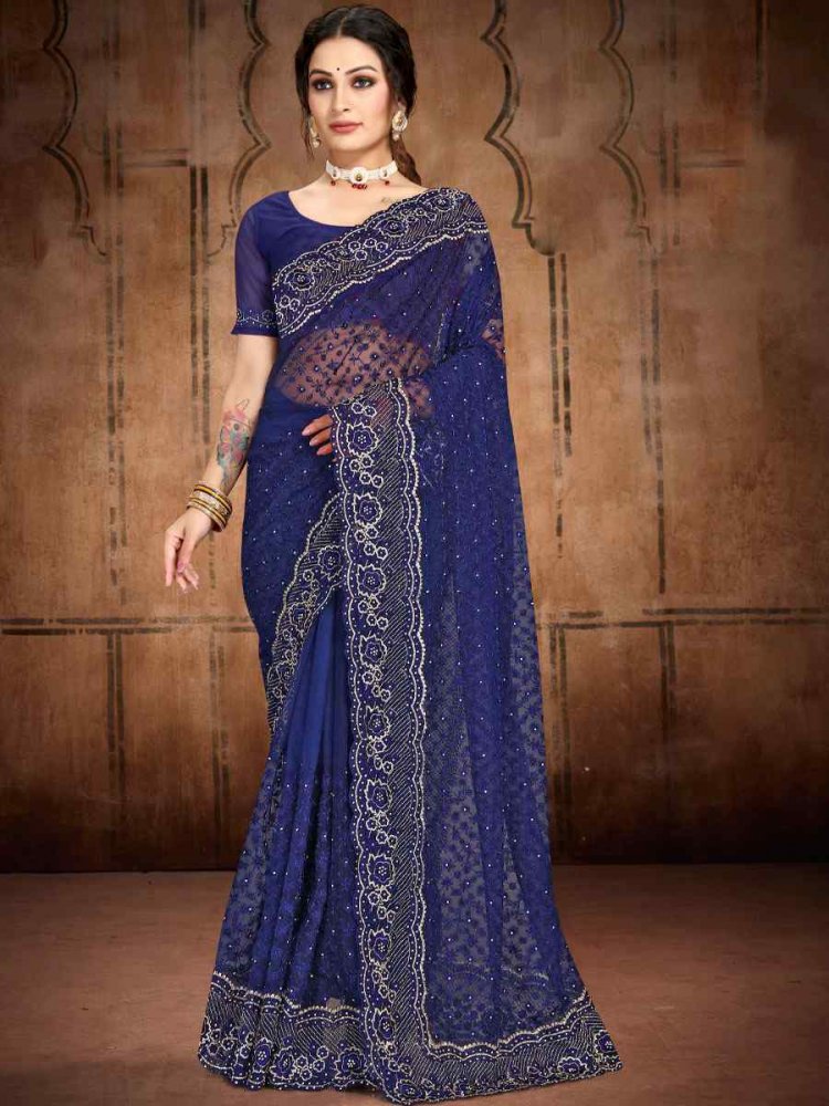 Nevy Blue Net Embroidered Wedding Festival Heavy Border Saree