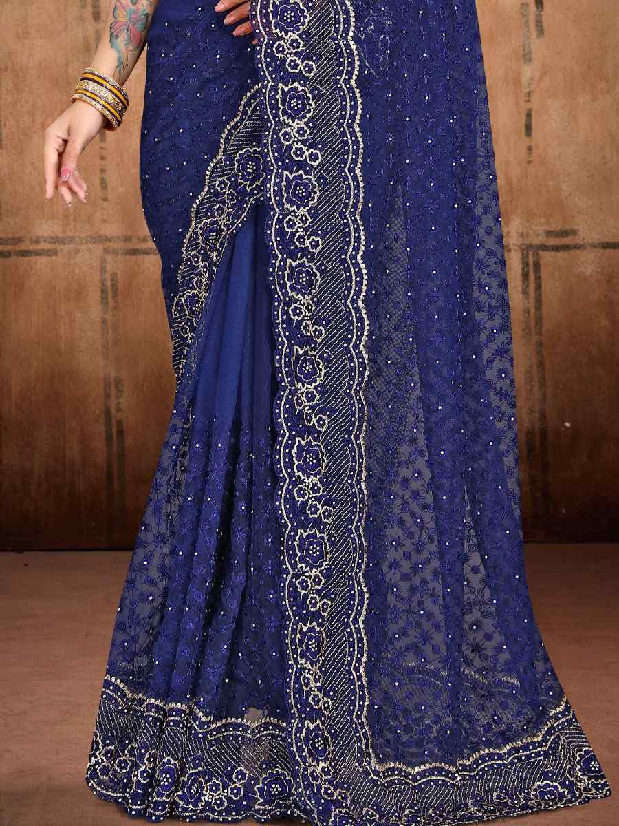 Nevy Blue Net Embroidered Wedding Festival Heavy Border Saree