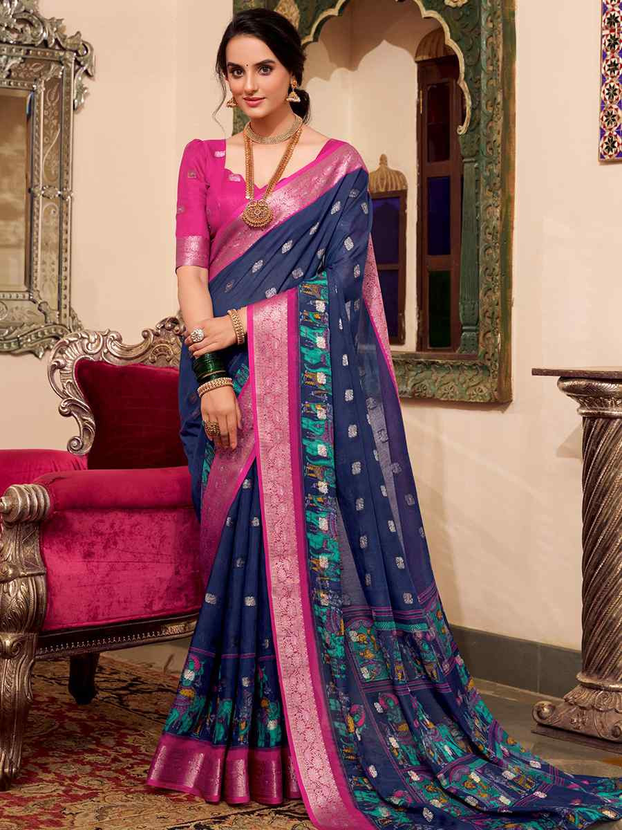 Nevy Blue Poly Cotton Handwoven Festival Wedding Fancy Heavy Border Saree