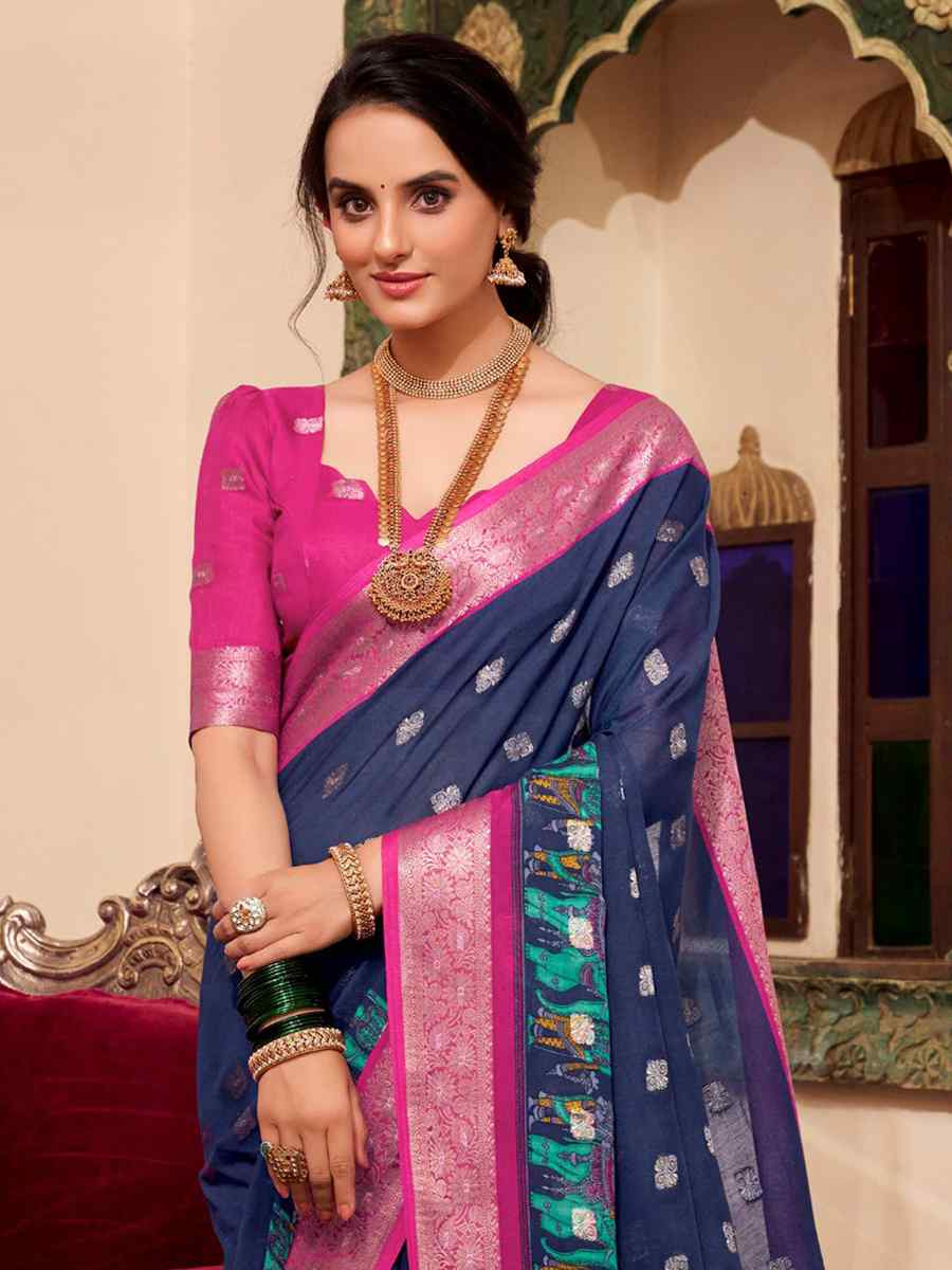 Nevy Blue Poly Cotton Handwoven Festival Wedding Fancy Heavy Border Saree