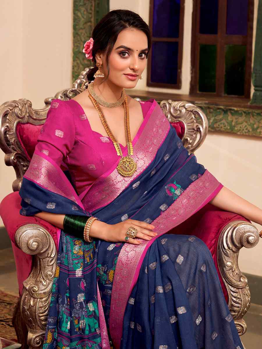 Nevy Blue Poly Cotton Handwoven Festival Wedding Fancy Heavy Border Saree