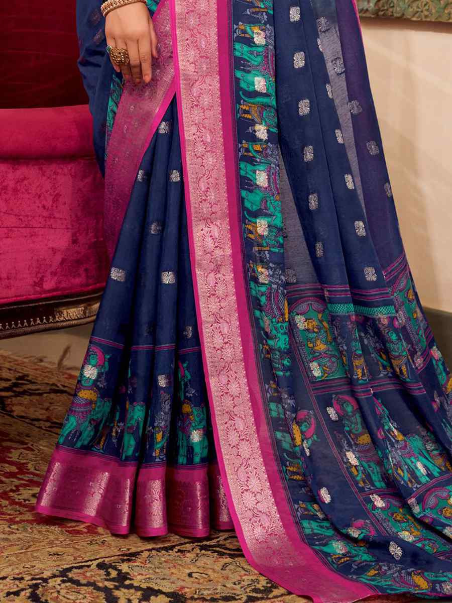 Nevy Blue Poly Cotton Handwoven Festival Wedding Fancy Heavy Border Saree