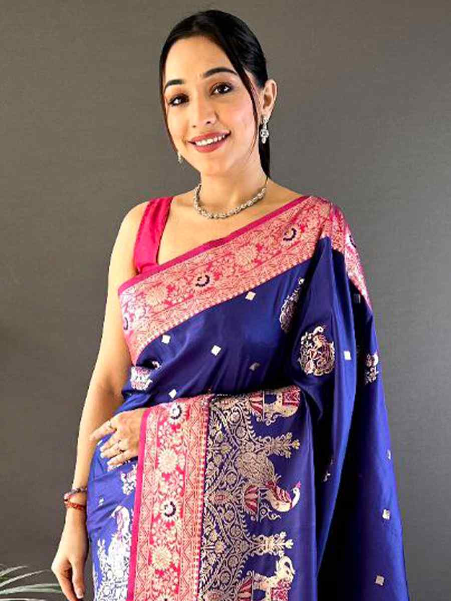 Nevy Blue Pure Paithani Banarasi Silk Handwoven Festival Wedding Fancy Heavy Border Saree