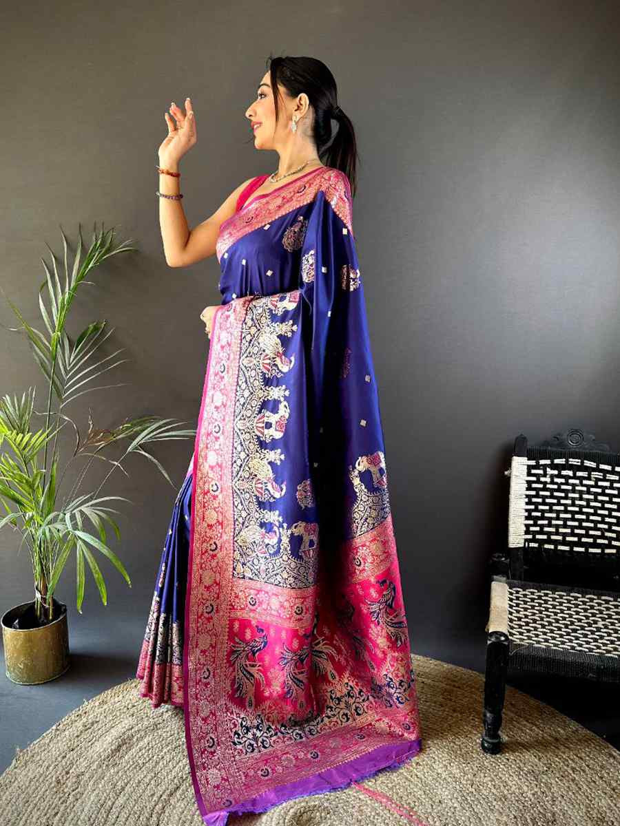 Nevy Blue Pure Paithani Banarasi Silk Handwoven Festival Wedding Fancy Heavy Border Saree