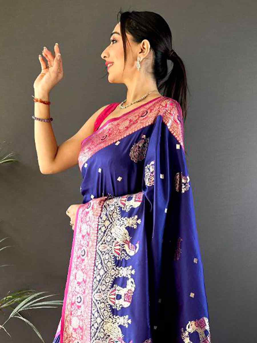 Nevy Blue Pure Paithani Banarasi Silk Handwoven Festival Wedding Fancy Heavy Border Saree