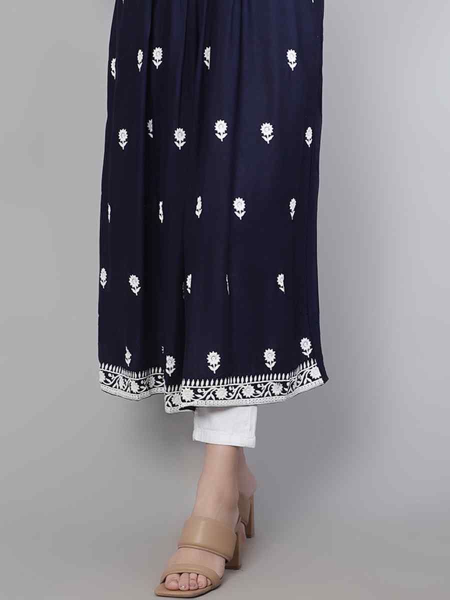 Nevy Blue Rayon Embroidered Festival Casual Kurti