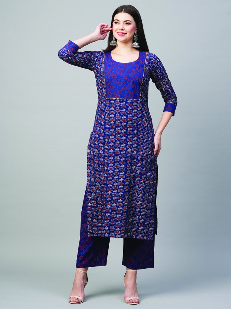 Nevy Blue Rayon Printed Festival Casual Kurti With Bottom