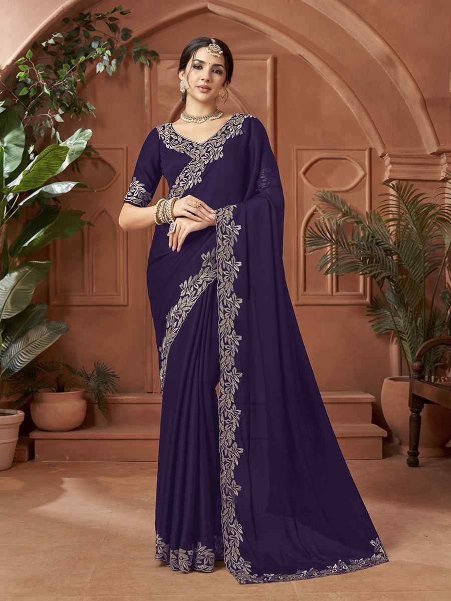 Nevy Blue Satin Chiffon Embroidery Traditional Bridal Reception Festival Wedding Fancy Heavy Border Sarees