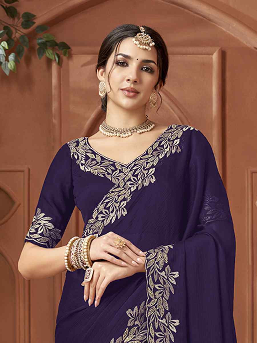 Nevy Blue Satin Chiffon Embroidery Traditional Bridal Reception Festival Wedding Fancy Heavy Border Sarees