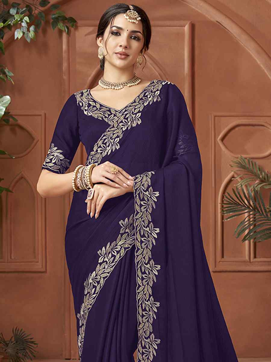 Nevy Blue Satin Chiffon Embroidery Traditional Bridal Reception Festival Wedding Fancy Heavy Border Sarees