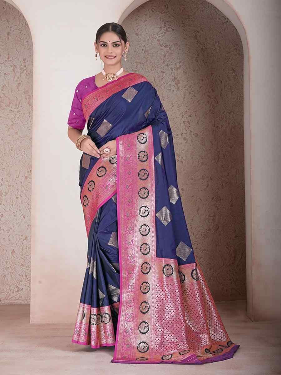 Nevy Blue Silk Handwoven Festival Wedding Fancy Heavy Border Saree
