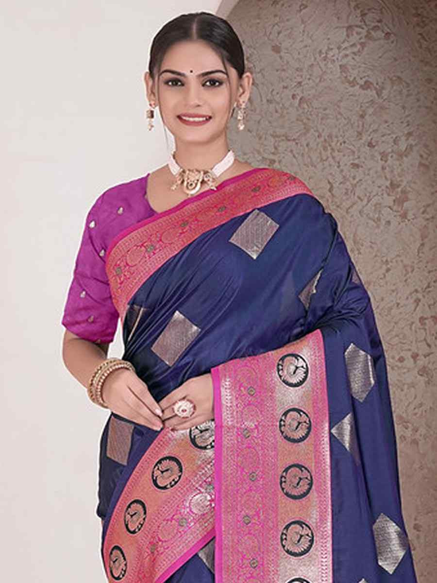 Nevy Blue Silk Handwoven Festival Wedding Fancy Heavy Border Saree