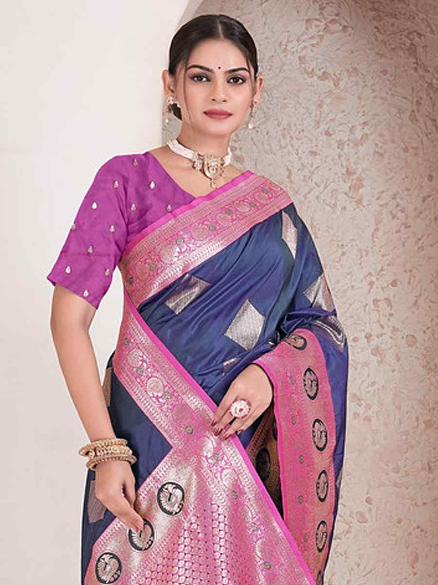 Nevy Blue Silk Handwoven Festival Wedding Fancy Heavy Border Saree