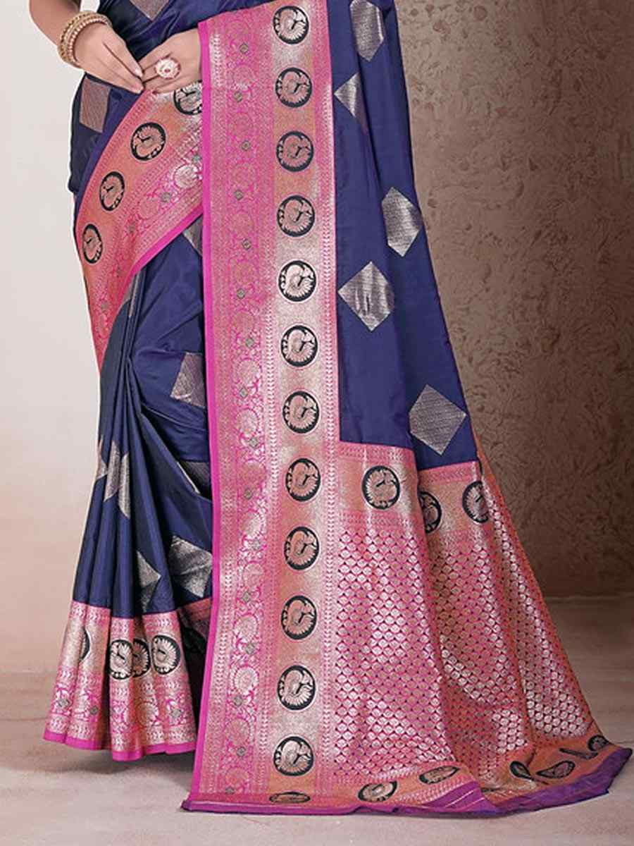 Nevy Blue Silk Handwoven Festival Wedding Fancy Heavy Border Saree