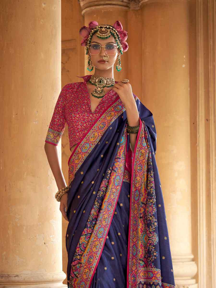 Nevy Blue Silk Handwoven Festival Wedding Fancy Heavy Border Saree