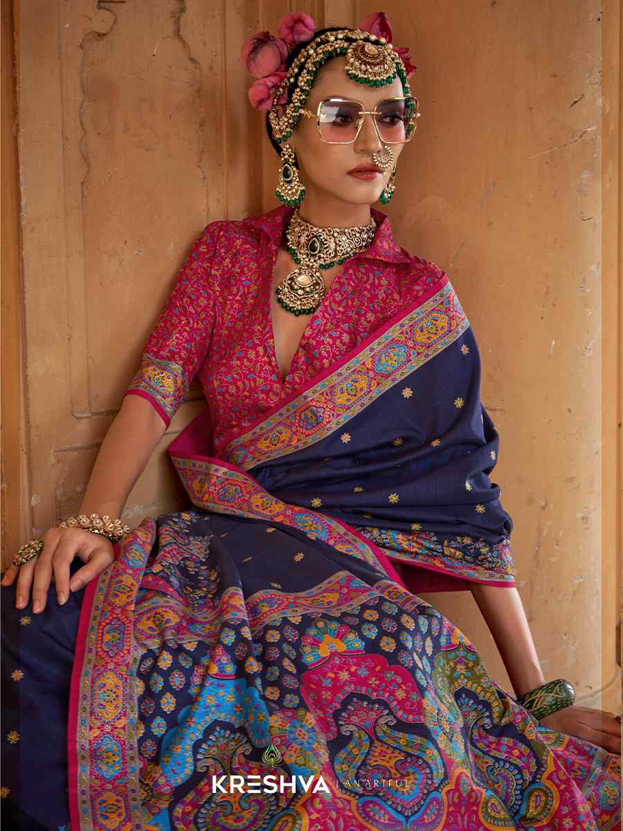 Nevy Blue Silk Handwoven Festival Wedding Fancy Heavy Border Saree