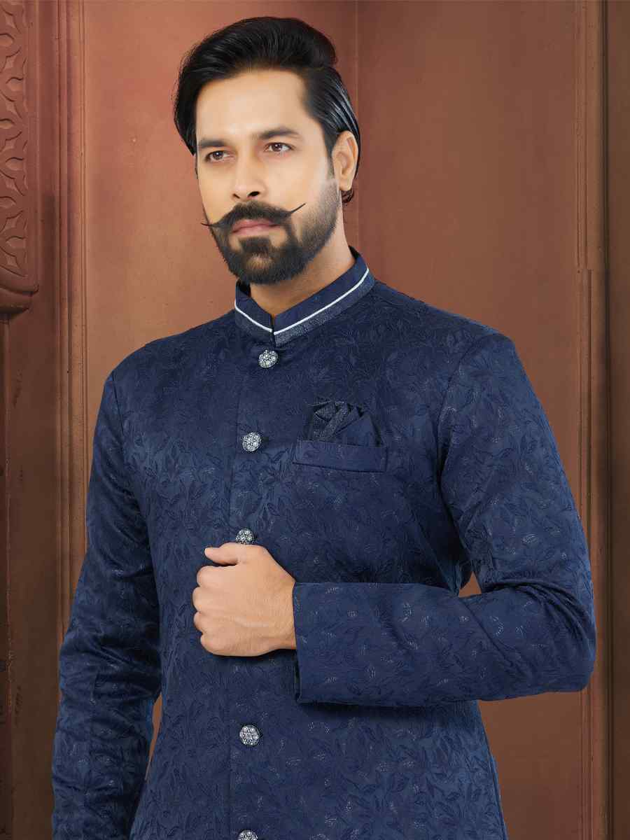 Nevy Blue Soft Jacquard Embroidered Wedding Groom Sherwani