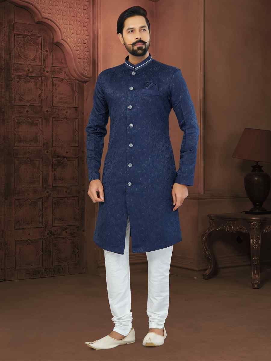 Nevy Blue Soft Jacquard Embroidered Wedding Groom Sherwani