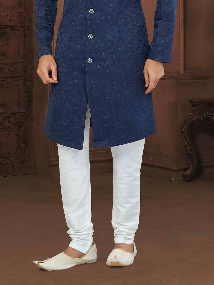 Nevy Blue Soft Jacquard Embroidered Wedding Groom Sherwani
