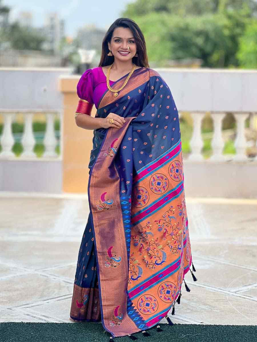 Nevy Blue Soft Pathani Silk Handwoven Festival Wedding Fancy Heavy Border Saree