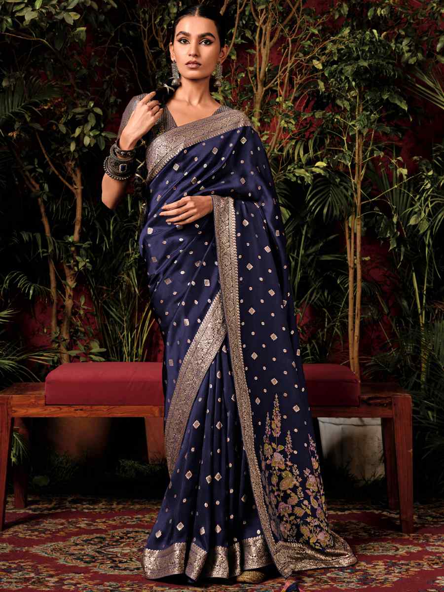 Nevy Blue Viscose Dola Handwoven Wedding Festival Heavy Border Saree