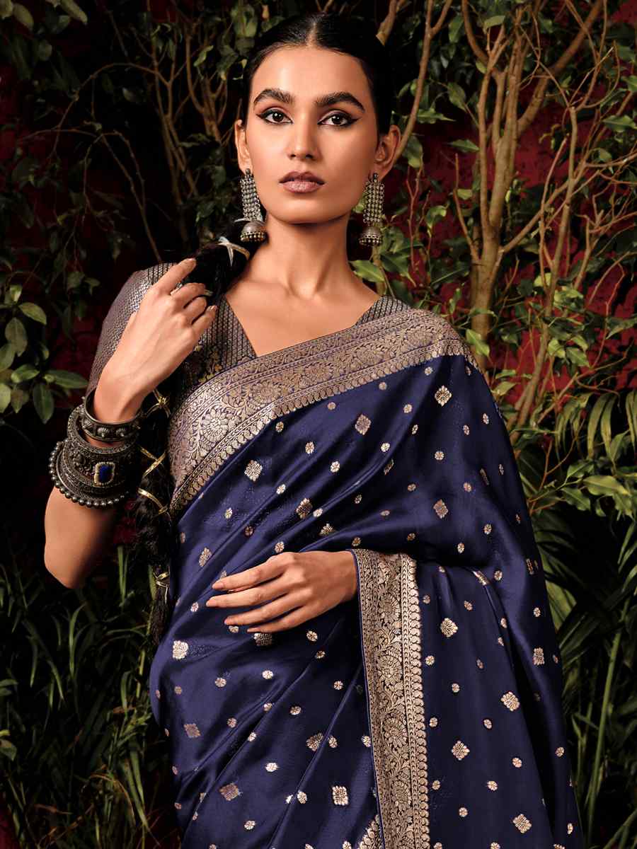 Nevy Blue Viscose Dola Handwoven Wedding Festival Heavy Border Saree