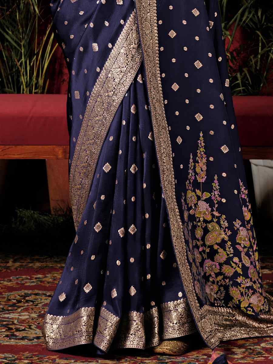 Nevy Blue Viscose Dola Handwoven Wedding Festival Heavy Border Saree