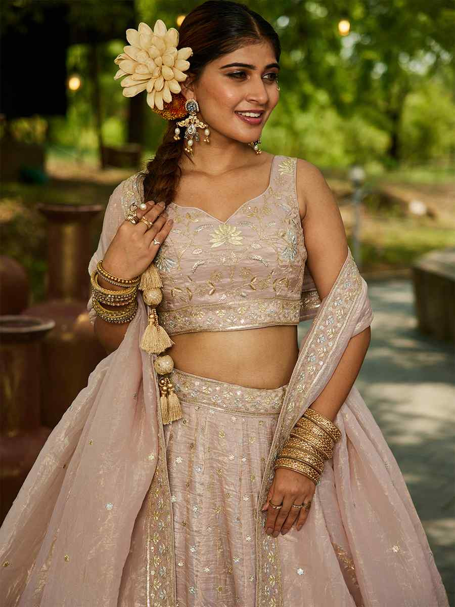 Nude Tissue Embroidered Festival Reception Wedding Party Wear Heavy Border Lehenga Choli
