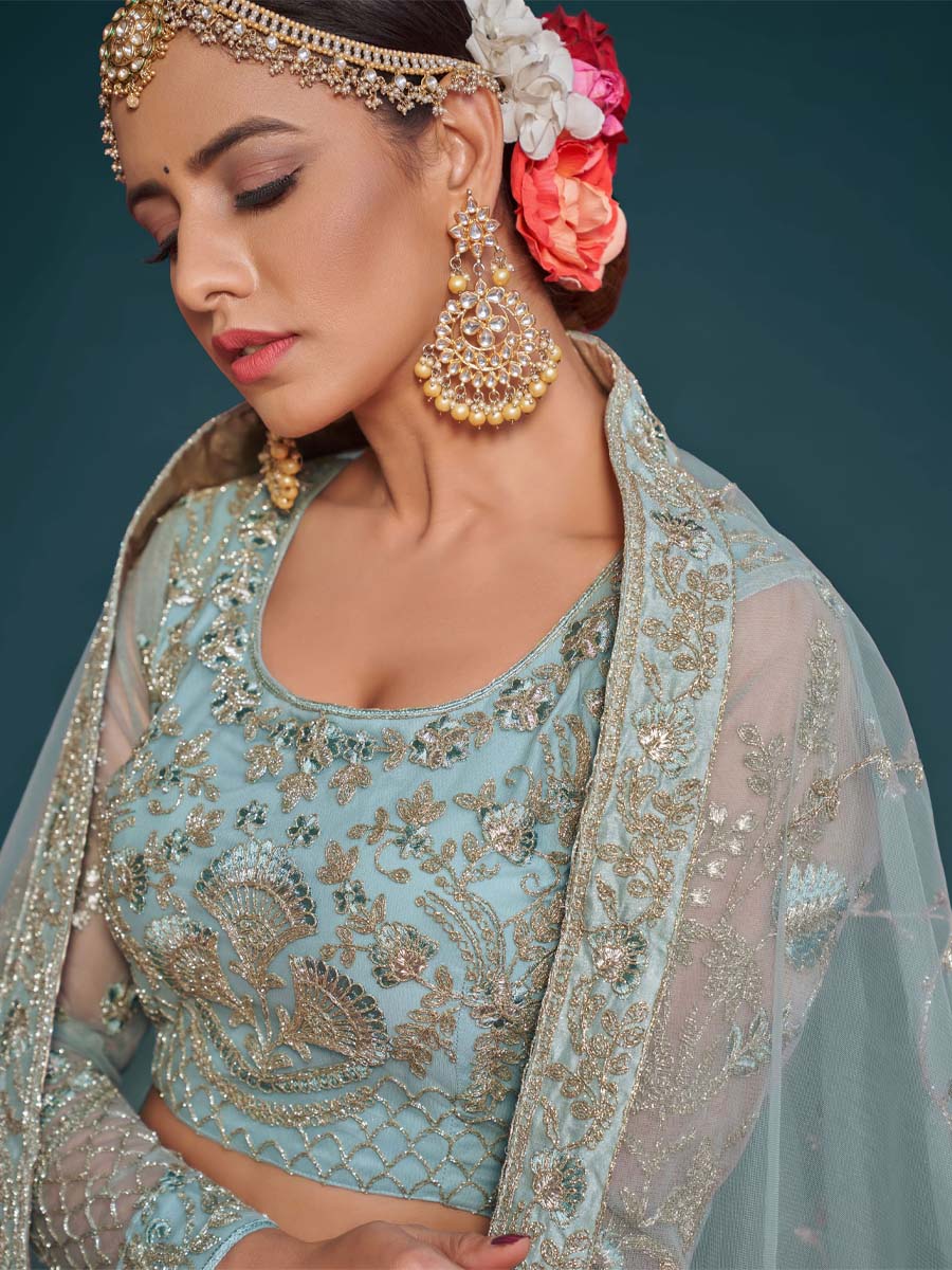 Ocean Aqua Soft Net Embroidered Engagement Wedding Heavy Border Lehenga Choli