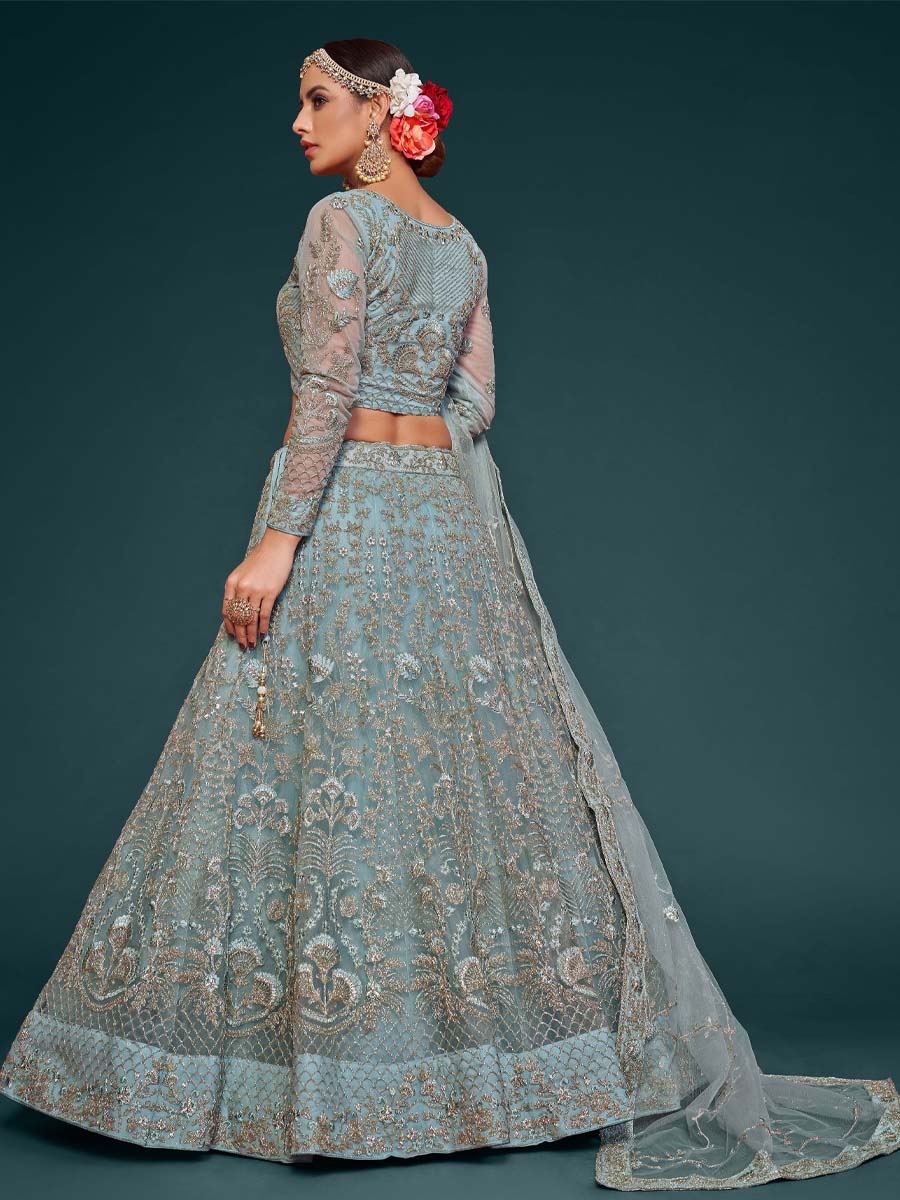 Ocean Aqua Soft Net Embroidered Engagement Wedding Heavy Border Lehenga Choli