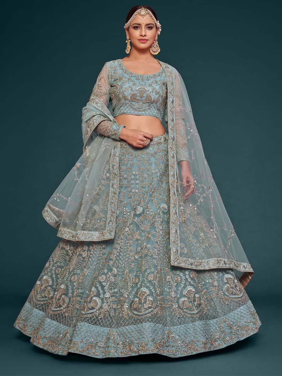 Ocean Aqua Soft Net Embroidered Engagement Wedding Heavy Border Lehenga Choli