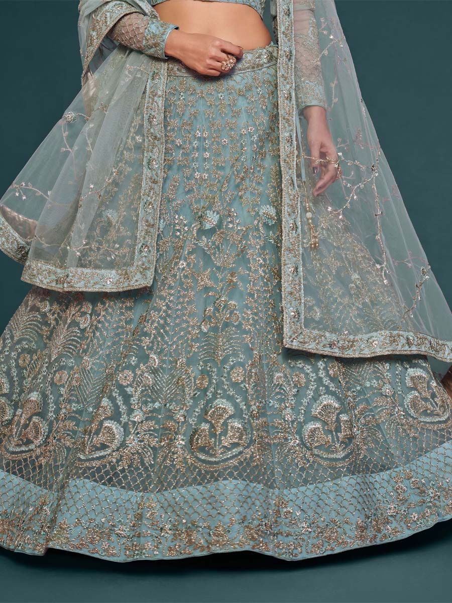 Ocean Aqua Soft Net Embroidered Engagement Wedding Heavy Border Lehenga Choli