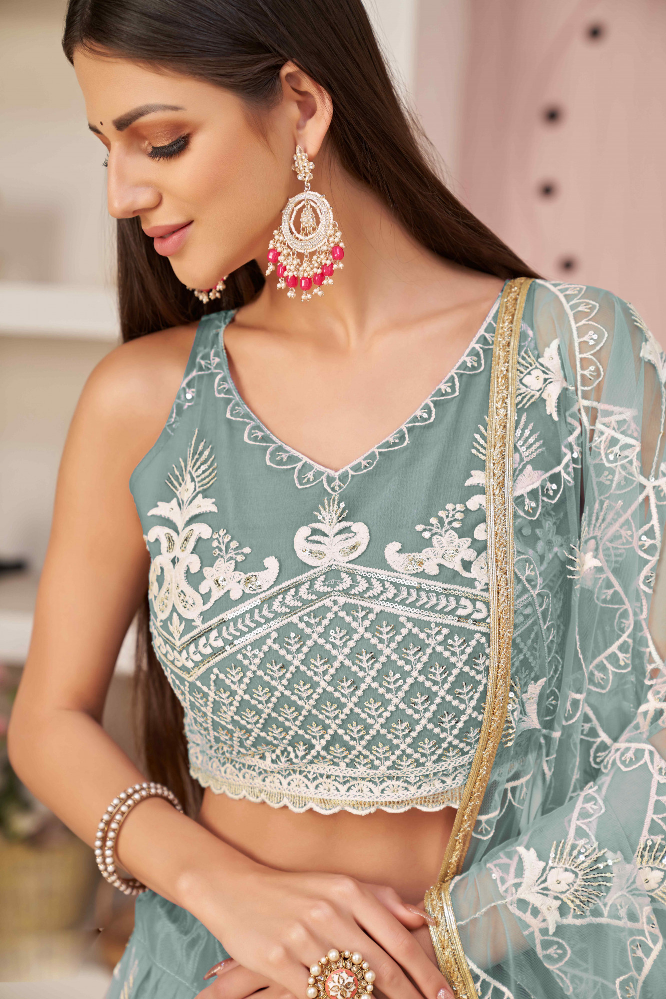 Ocean Blue Net Embroidered Wedding Reception Festival Heavy Border Lehenga Choli