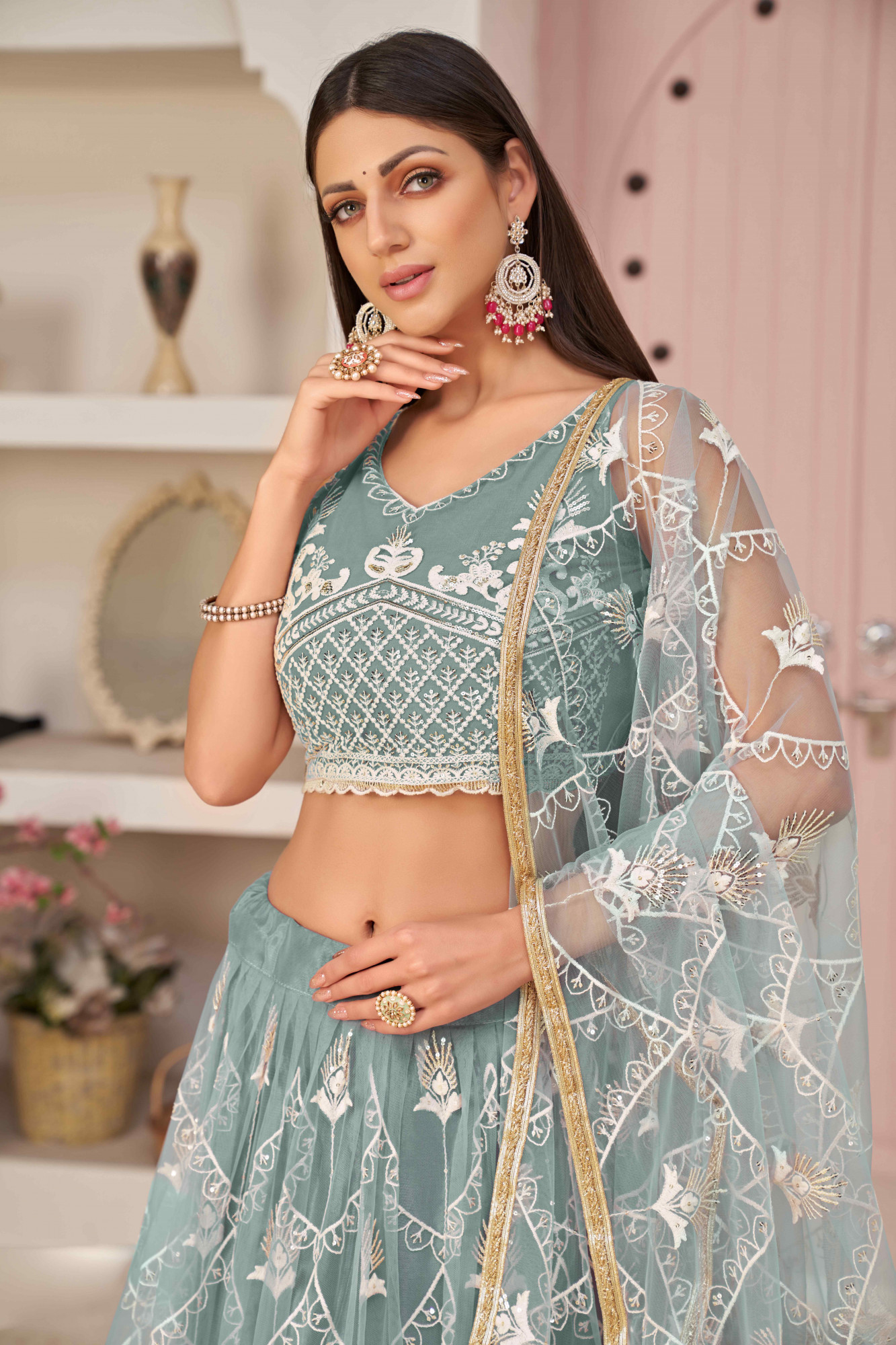 Ocean Blue Net Embroidered Wedding Reception Festival Heavy Border Lehenga Choli