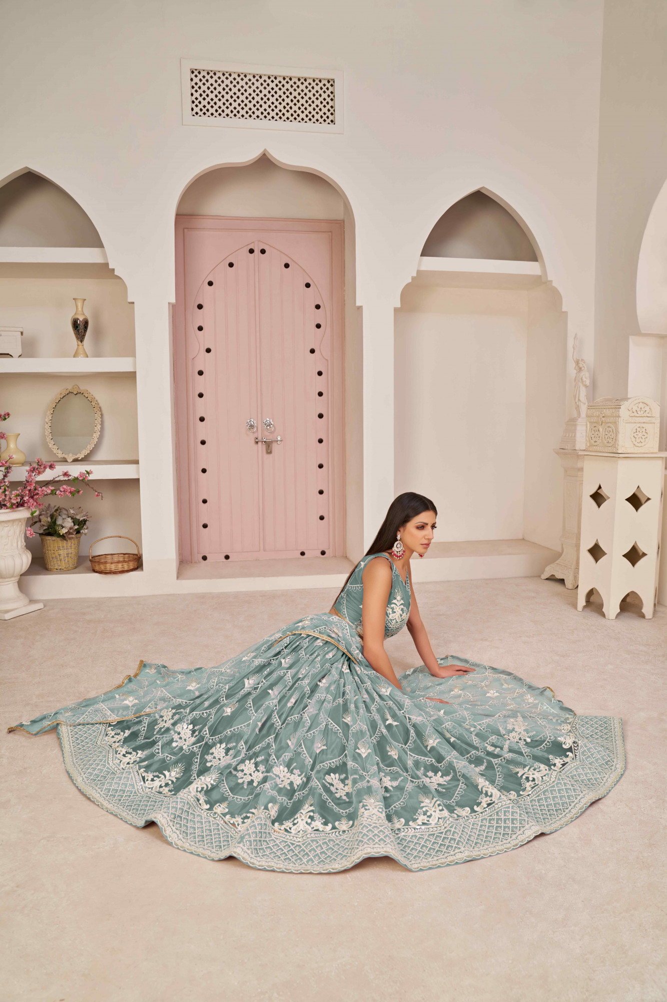 Ocean Blue Net Embroidered Wedding Reception Festival Heavy Border Lehenga Choli